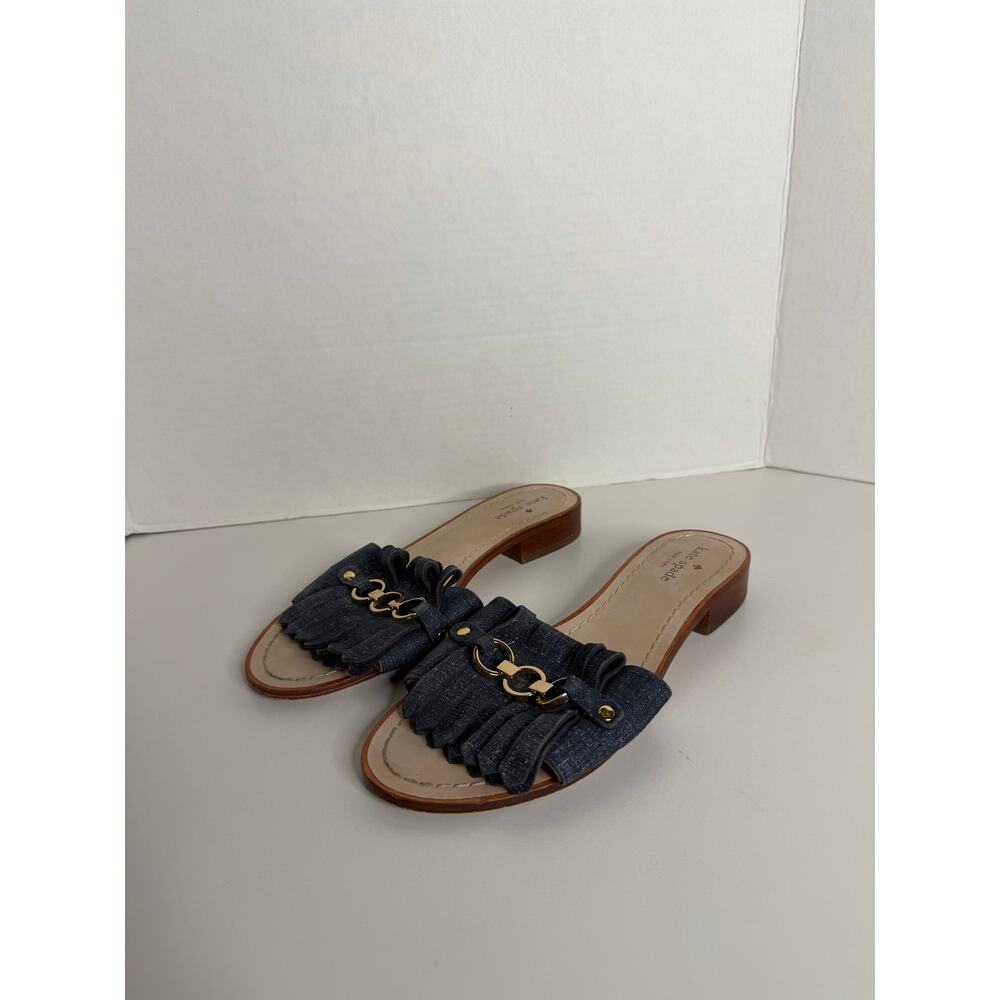 Kate Spade Kiltie Denim Leather Slide Sandals Gold Rings Size 8.5